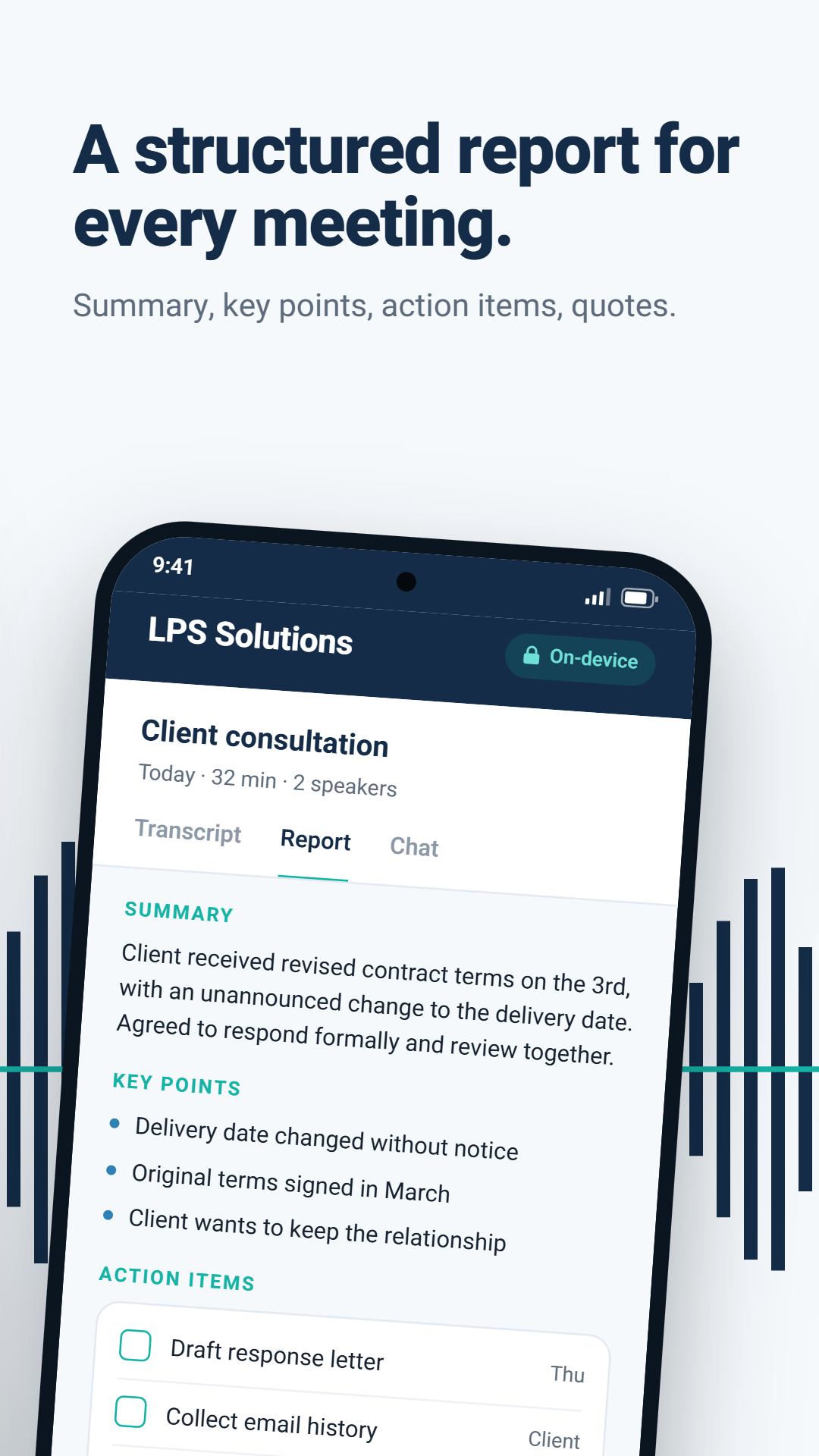 A structured report for every meeting - summary, key points, action items