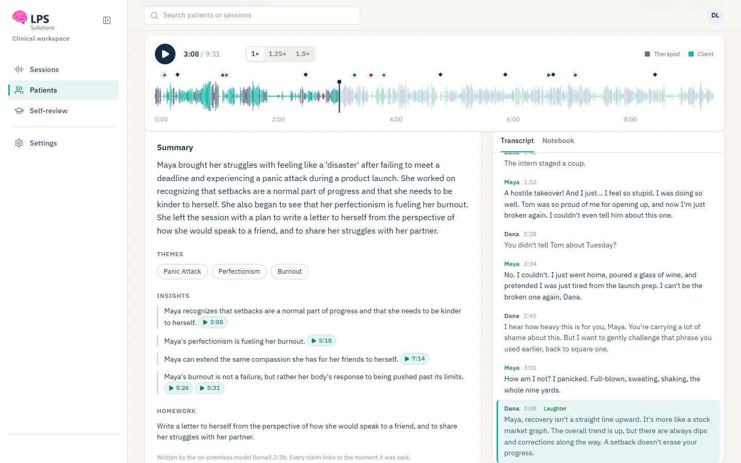 LPS clinical workspace - a saved session with its emotional arc, topics and objective indices